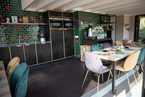 Modern kitchen and dining area with green tiles in Sea Lodges Zandvoort 11 beach house, Netherlands.