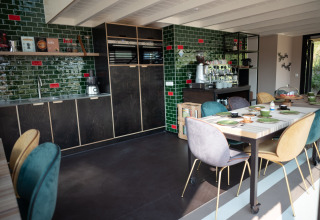 Modern kitchen and dining area with green tiles in Sea Lodges Zandvoort 11 beach house, Netherlands.
