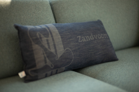 Un cojín oscuro con la palabra 'Zandvoort' se apoya en un sofá verde en la casa Sea Lodges Zandvoort 9.