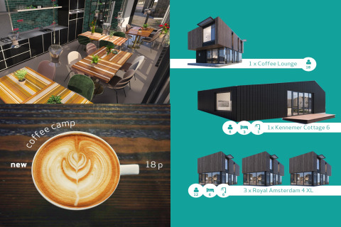 Visualization of coffee lounge and holiday cabins at Sea Lodges Zandvoort 11 in the Netherlands for 18 people.