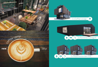 Visualization of coffee lounge and holiday cabins at Sea Lodges Zandvoort 11 in the Netherlands for 18 people.