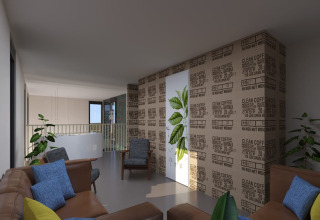 Living room at Sea Lodges Zandvoort 11 with modern sofa, coffee sack wall decor, and green plants.