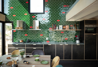 Modern kitchen with green and red tiles at Sea Lodges Zandvoort 11 beach house in the Netherlands.