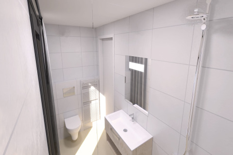 Modern beach house bathroom with shower, toilet and sink at Sea Lodges Zandvoort 11 in the Netherlands.