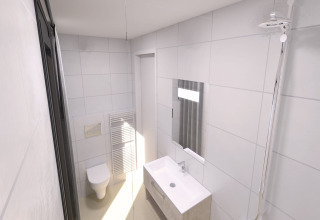 Modern beach house bathroom with shower, toilet and sink at Sea Lodges Zandvoort 11 in the Netherlands.
