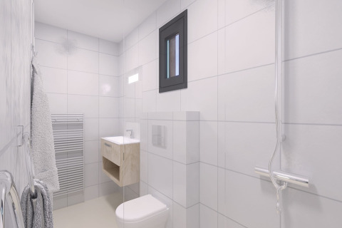 Modern white-tiled bathroom with window, towel heater, and shower at Sea Lodges Zandvoort 11, Netherlands.