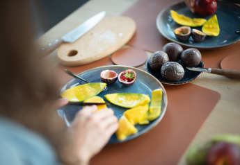 Verse mango en passievrucht op bordjes in het strandhuis Sea Lodges Zandvoort 6 in Nederland.