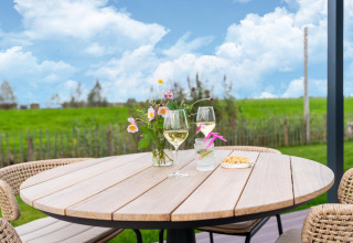 Tisch im Freien bei der Lodge „By the Baker“ in den Niederlanden, mit Wein, Blumen und Knabbereien.
