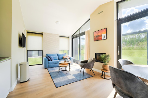 Salon lumineux d'une maison de vacances près des lacs Kaag et des canaux de Leyde, Pays-Bas, avec déco moderne.