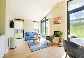 Salon lumineux d'une maison de vacances près des lacs Kaag et des canaux de Leyde, Pays-Bas, avec déco moderne.