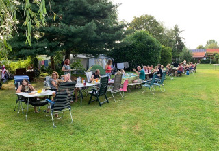 Vakantiegangers op het veld - Camping de Peelweide - Vodatent - Grashoek, Limburg, Nederland