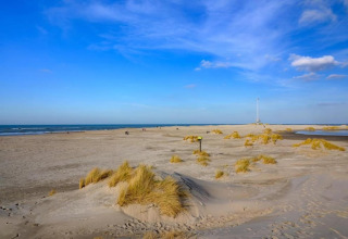 Beach scene with sand dunes and grass at a glamping accommodation, people walking under a blue sky.