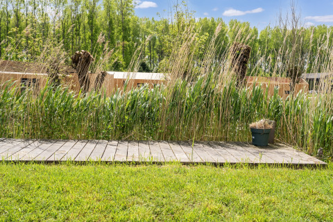 Terrasse en bois avec grandes herbes près d'un lodge près des lacs Kaag et des canaux de Leyde, Pays-Bas.