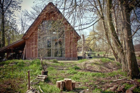 Foto van de De Schone Leij cabin met grote ramen, omringd door bomen en natuurlijke omgeving.
