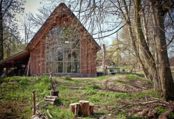 Foto van de De Schone Leij cabin met grote ramen, omringd door bomen en natuurlijke omgeving.