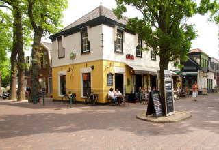 Hoekcafé De Schone Leij met terras en gasten aan tafels in een sfeervolle straat vol bomen in Nederland.