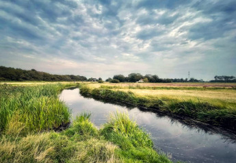 Landschap bij het huisje 'De Schone Leij' in Nederland met een beekje, weiland en wolkenlucht.