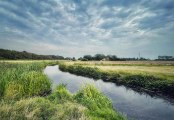 Landscape near the cabin 'De Schone Leij' in the Netherlands with a stream, meadow and cloudy sky.