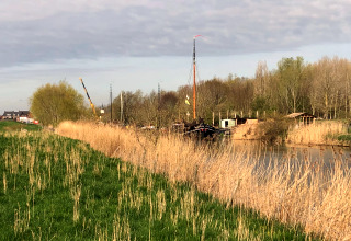 Udsigt over grønne marker, siv og en flod ved Villa Avondrood-lodgen i Holland på en solrig dag.