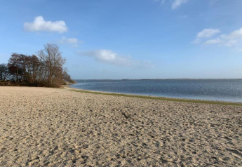 Vista de playa desde el Resort Hoek van Holland en Países Bajos, con arena, agua y árboles al fondo.
