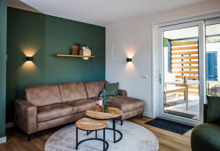 Moderne lodge-stue med brun sofa, grøn væg, runde borde og udgang til terrasse med træafskærmning.