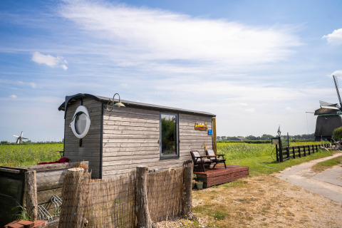 Pequeña casa de madera cerca de la costa en los Países Bajos con campos verdes y molinos de fondo.