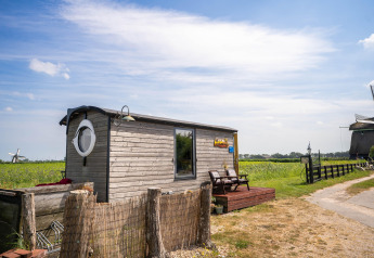 Klein houten huis in Nederland vlakbij de kust, omringd door velden en windmolens op de achtergrond.