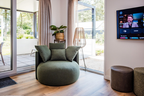 Moderne lodge-stue med grøn lænestol, stor vinduesudsigt, tv på væggen og planters dekoration.