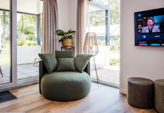 Soggiorno lodge moderno con poltrona verde, grandi finestre, TV a parete e pianta decorativa.