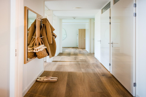 Corridoio luminoso in un lodge, pavimento in legno, cappotto e borsa vicino a uno specchio, ciabatte.