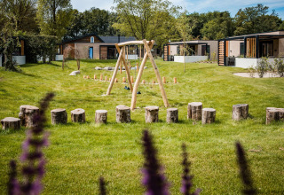 Natuurlijke speeltuin met houten schommels en boomstammen bij moderne lodges te midden van het groen.
