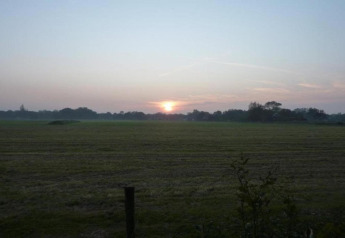 Zonsopkomst over een open veld vlakbij de kust, gezien vanuit 'Apartment in Netherlands near the Coast'.
