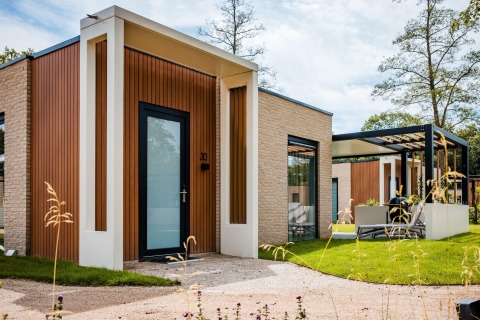 Moderne lodge med træ- og stenelementer, store vinduer, terrasse og grønne omgivelser under blå himmel.