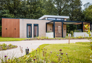 Moderne lodge med træ- og glasfacade, omgivet af grøn have og blomster, beliggende i naturskønne omgivelser.