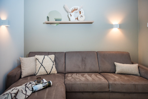Soggiorno moderno all’Holiday home a Voorthuizen vicino alla foresta con divano grigio e decorazioni.