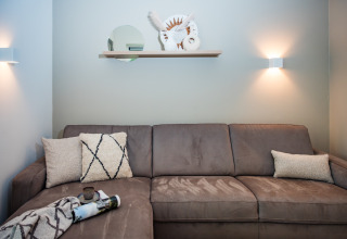 Moderne dagligstue i Holiday home i Voorthuizen nær skov med grå sofa, puder og vægdekoration.