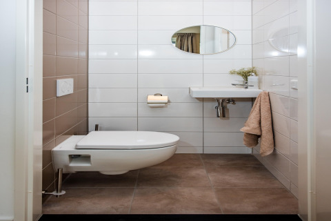 Moderne badeværelse på Holiday Home i Voorthuizen med væghængt toilet, vask og spejl, Holland.