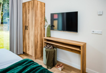 Moderne soveværelse i Holiday home 'in Veluwe med Veranda', Holland, med træmøbler og fladskærms-tv.