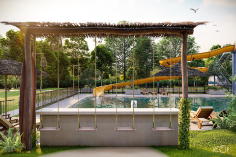 Buitenzwembad met schommels, rieten parasols en gele glijbaan bij Holiday home «in Veluwe with Veranda».