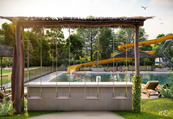 Udendørs swimmingpool med gynger og rutsjebane ved Holiday home «in Veluwe with Veranda» i Holland.