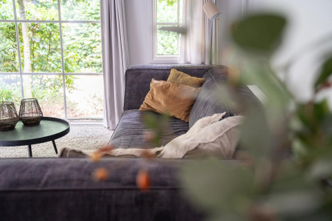Knusse woonkamer in Heivlinder Comfort 4+2p lodge in Nederland, met zetel, kussens en groot raam.