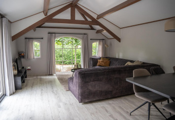 Living room in Heivlinder Comfort 4+2p lodge, Netherlands, with large windows, beams, and gray sofa.