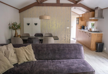 Bright modern living room and kitchen at Heivlinder Comfort 4+2p lodge in the Netherlands, stylish decor.