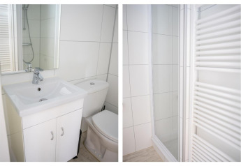 Modern bright bathroom with sink, toilet, shower cubicle, and towel radiator at Heivlinder Comfort 4+2p lodge in the Netherlands.