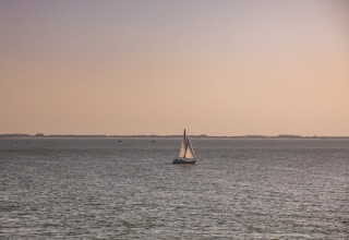 A sailboat glides peacefully on the ocean at sunset, viewed from a beach house with a pastel sky.
