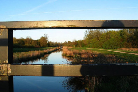 Peaceful river and green landscape viewed through a wooden bridge railing at sunset in the countryside.