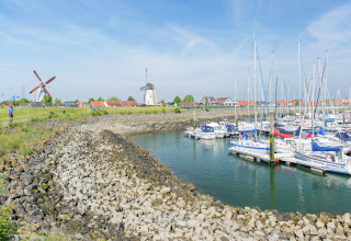 Både ligger fortøjet i en havn med vindmøller og farverige tage i baggrunden under en blå himmel.