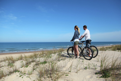To personer på cykler nyder udsigten over havet fra sandklitterne ved en lodge under blå himmel.