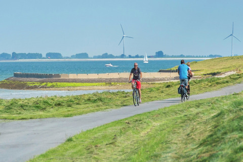Cykler nyder en tur langs en sti ved vandet med vindmøller og både i baggrunden en solrig dag.
