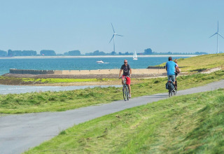 Cykler nyder en tur langs en sti ved vandet med vindmøller og både i baggrunden en solrig dag.